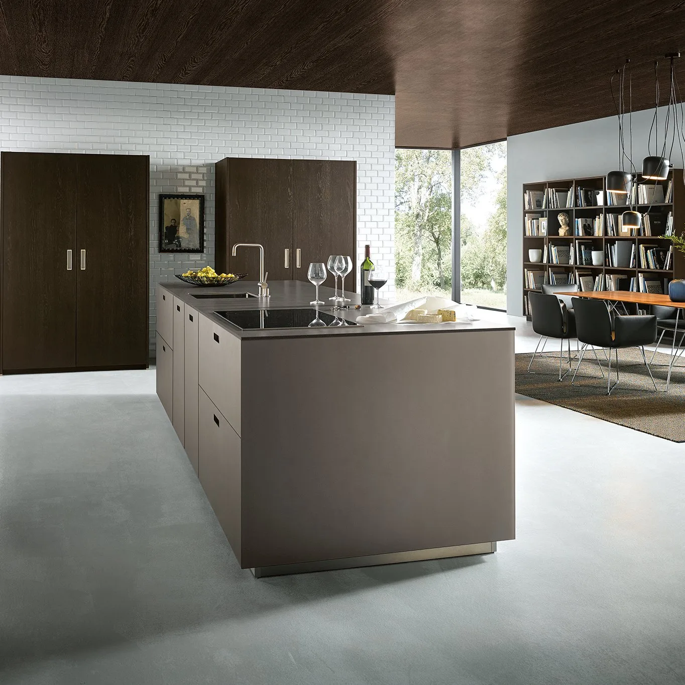 Next125 NX 902 – Architektenküche Beton & Eiche Räuchereiche – Taupe/Greige matt + Räuchereiche