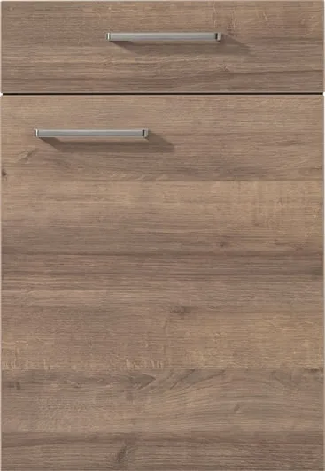Nahaufnahme einer Holzdekor-Küchenfront mit sichtbarer Maserung und sauberer Kantenverarbeitung