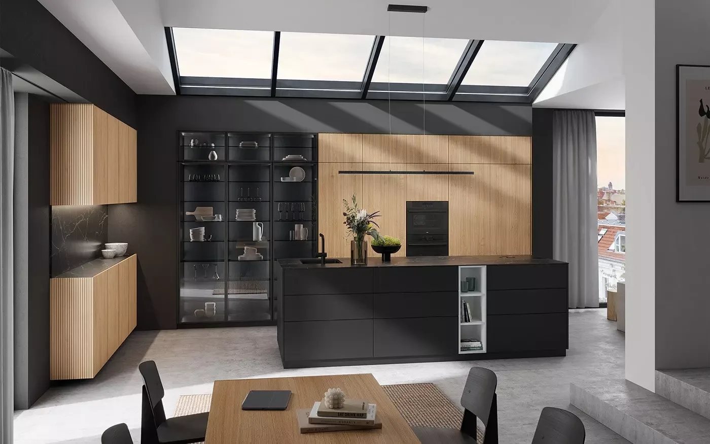 Rotpunkt Wohnküche mit Memory RI in Eichenoptik, Zerox HPL XT black und Kochinsel