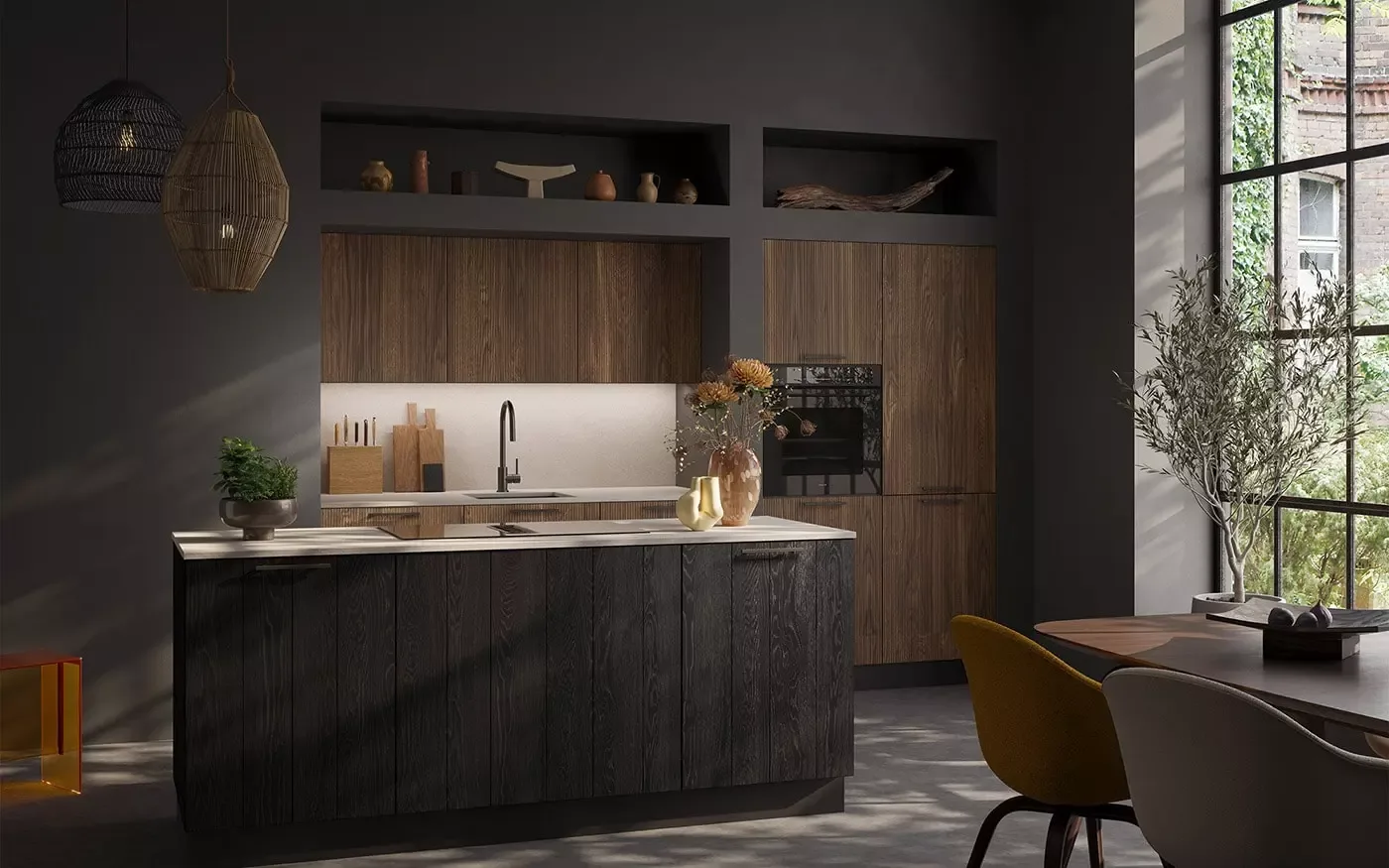 Rotpunkt Zerox FZ Glas – Inselküche Glasfront Schwarz – Kochinsel: Eiche dunkel geräuchert vertikal gerillt, Oberschränke: Nussbaum mittel horizontal gemasert