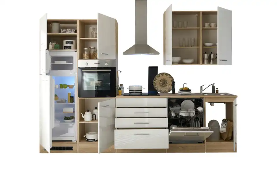 Sconto Küchenzeile Namur, 310 cm mit Kühl-Gefrierkombi, Backofen, Geschirrspüler und Haube