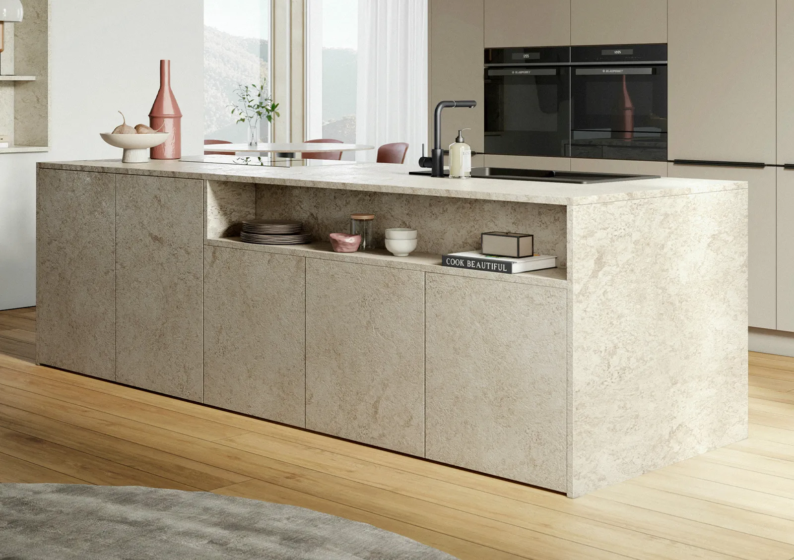 Häcker Küche in Granit-beige mit Holzinsel und Travertin-Optik