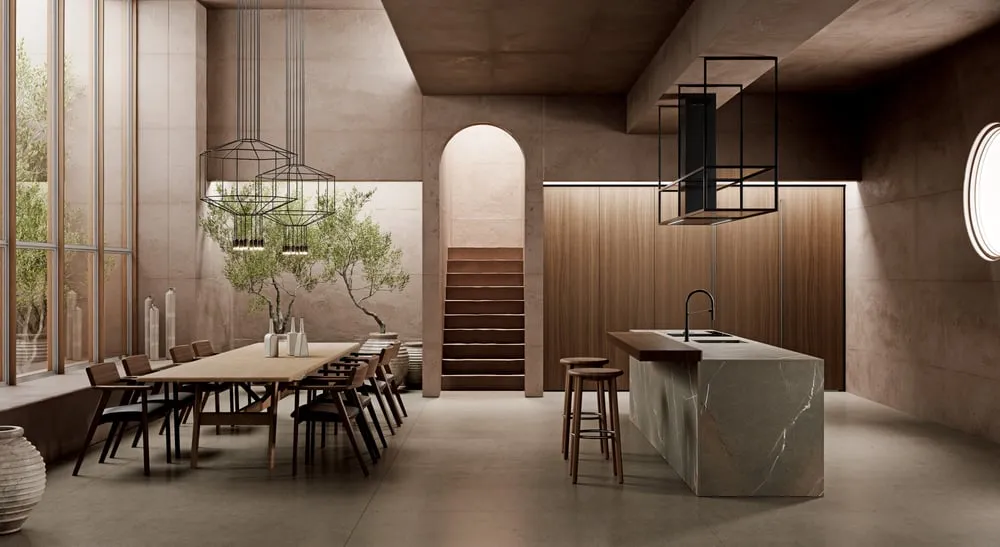 Ernestomeda Loftküche aus Holz mit Steininsel und Olivenbäumen