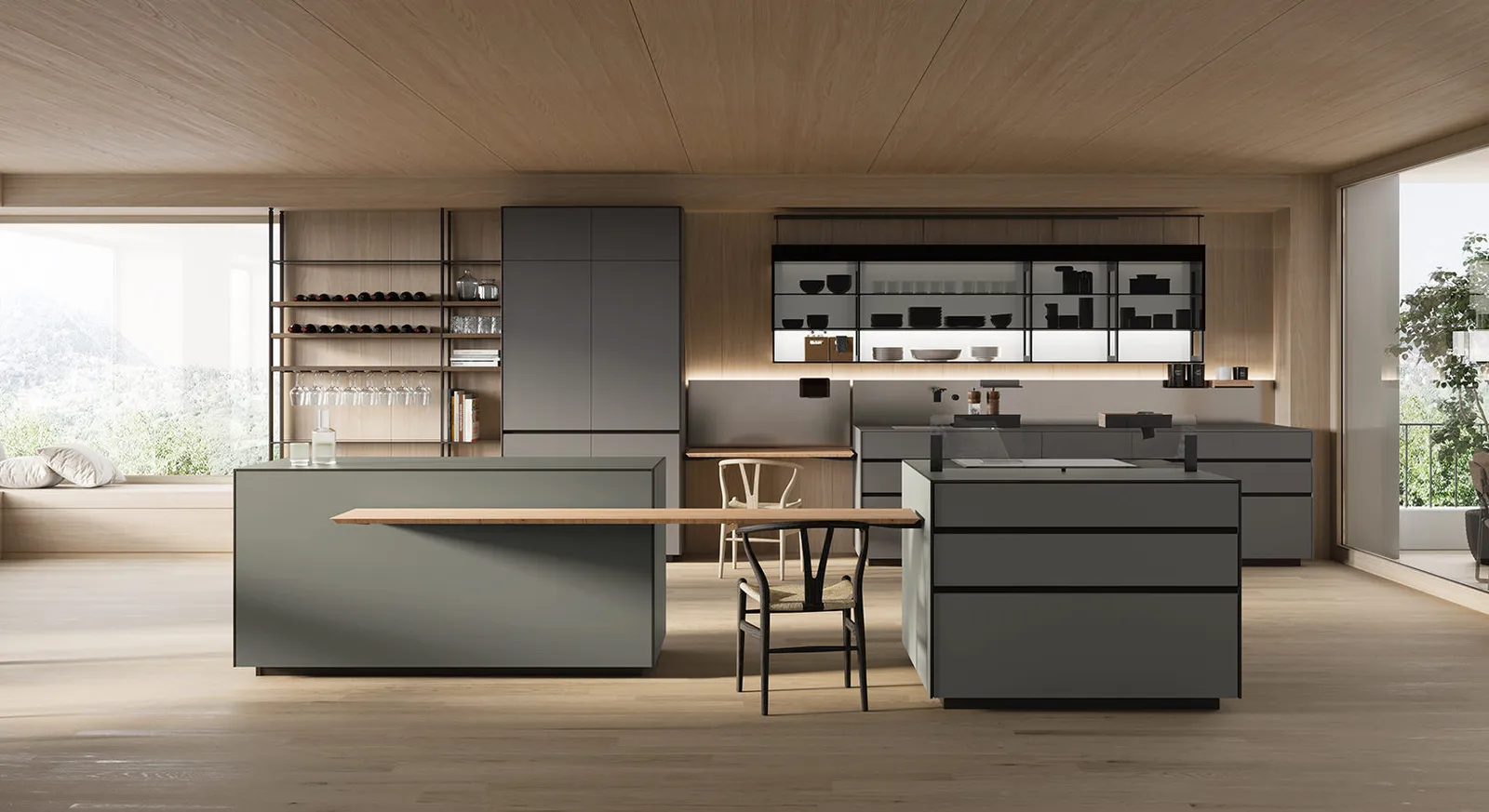 Valcucine Riciclantica Küche in Salbeigrün mit heller Holzdecke