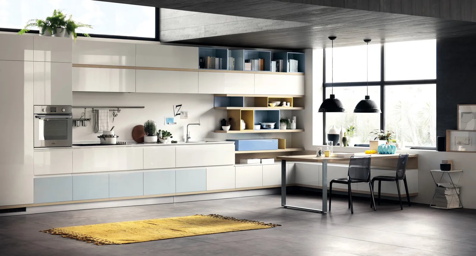 Scavolini Foodshelf Küche in Weiß und Hellblau mit Holzregalen