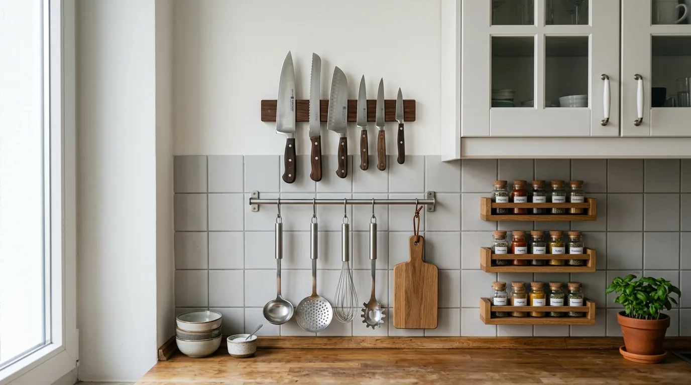 Küchenrückwand mit Magnetleiste für Messer, Hakenleiste für Kochutensilien und Gewürzregalen über einer Holzarbeitsplatte