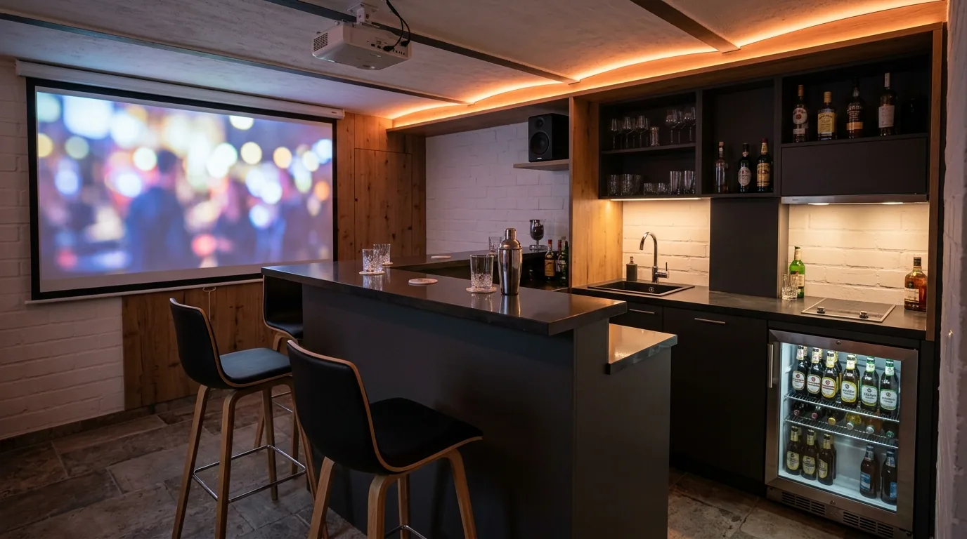 Partykeller mit dunkler Bartheke, Barhockern, Getränkekühlschrank und Leinwand an der Wand
