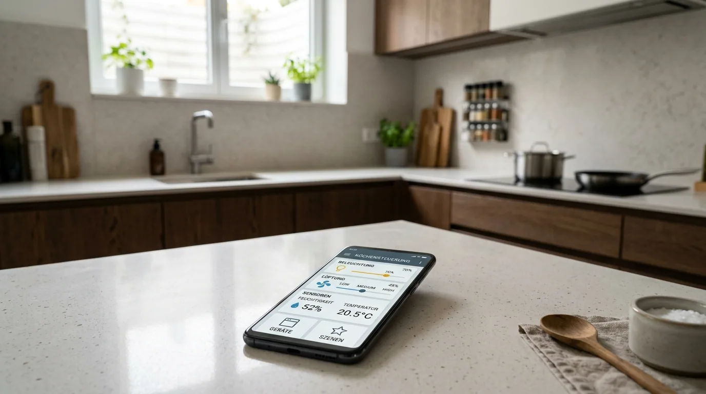Smartphone auf einer Küchenarbeitsplatte, dessen Display Luftfeuchtigkeit und Raumtemperatur anzeigt