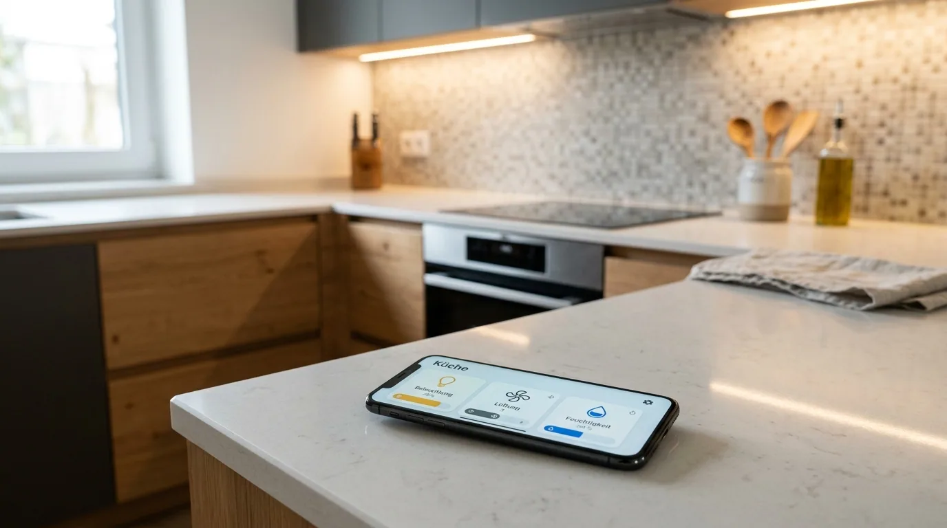 Smartphone mit geöffneter Smart-Home-App auf einer Küchenarbeitsplatte vor Holzfronten und Mosaikrückwand