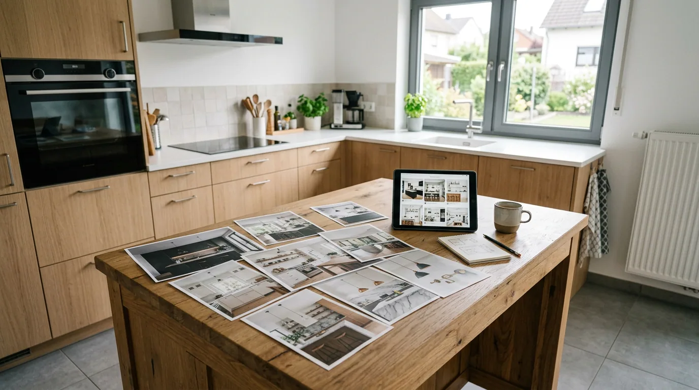 Küchentisch mit ausgebreiteten Prospekten, Ausdrucken und einem Tablet, dahinter eine Küchenzeile mit Backofen