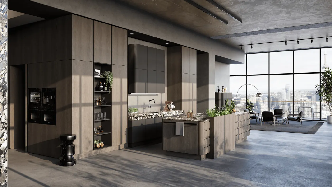 SieMatic SG6 in der Stilwelt URBAN mit Holzfronten und offener Regalwand