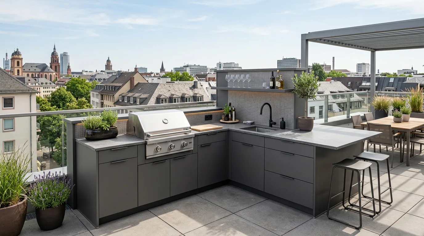 L-förmige Außenküche auf einer Dachterrasse mit Barhockern, Pergola und Essbereich über den Dächern der Stadt