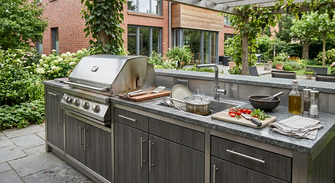 Außenküche aus Edelstahl mit Granit-Arbeitsplatte, Einbaugrill und Spüle vor einer Backsteinfassade
