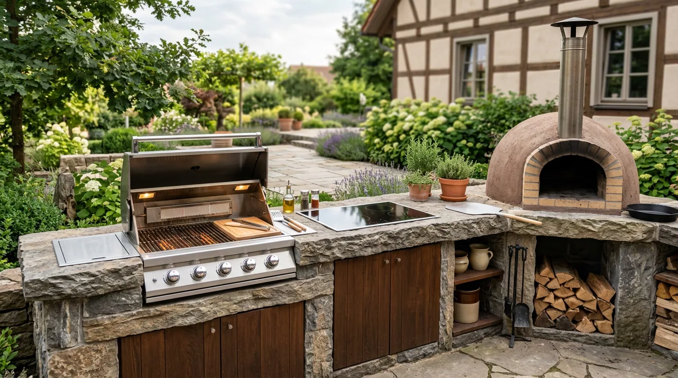 Außenküche aus Naturstein mit Einbaugrill, Kochfeld, gemauertem Pizzaofen und Holzlager
