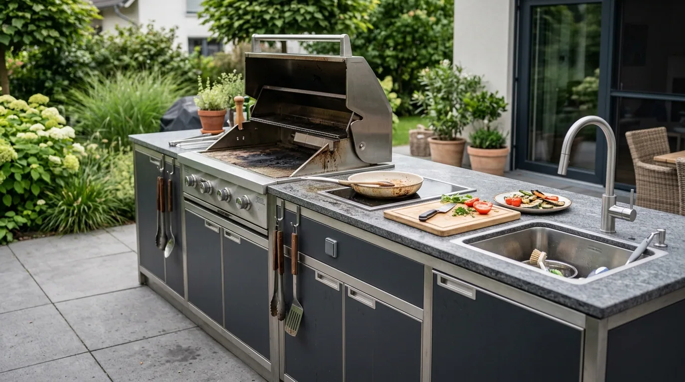 Außenküche mit anthrazitfarbenen Fronten, Granit-Arbeitsplatte, Spüle und geöffnetem Einbaugrill auf einer Terrasse