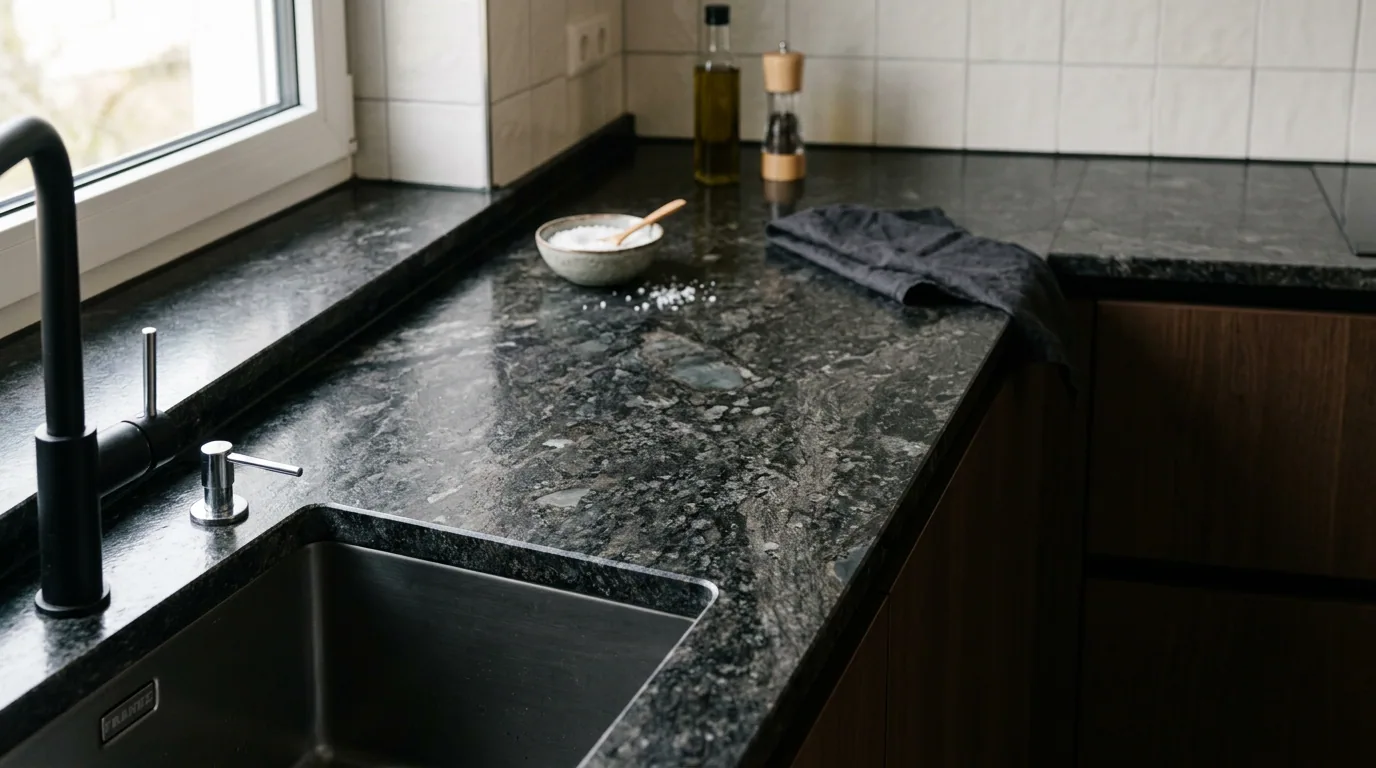 Dunkle Granit-Arbeitsplatte mit Spüle, auf der deutliche Kratzer und Schlieren im Streiflicht sichtbar werden