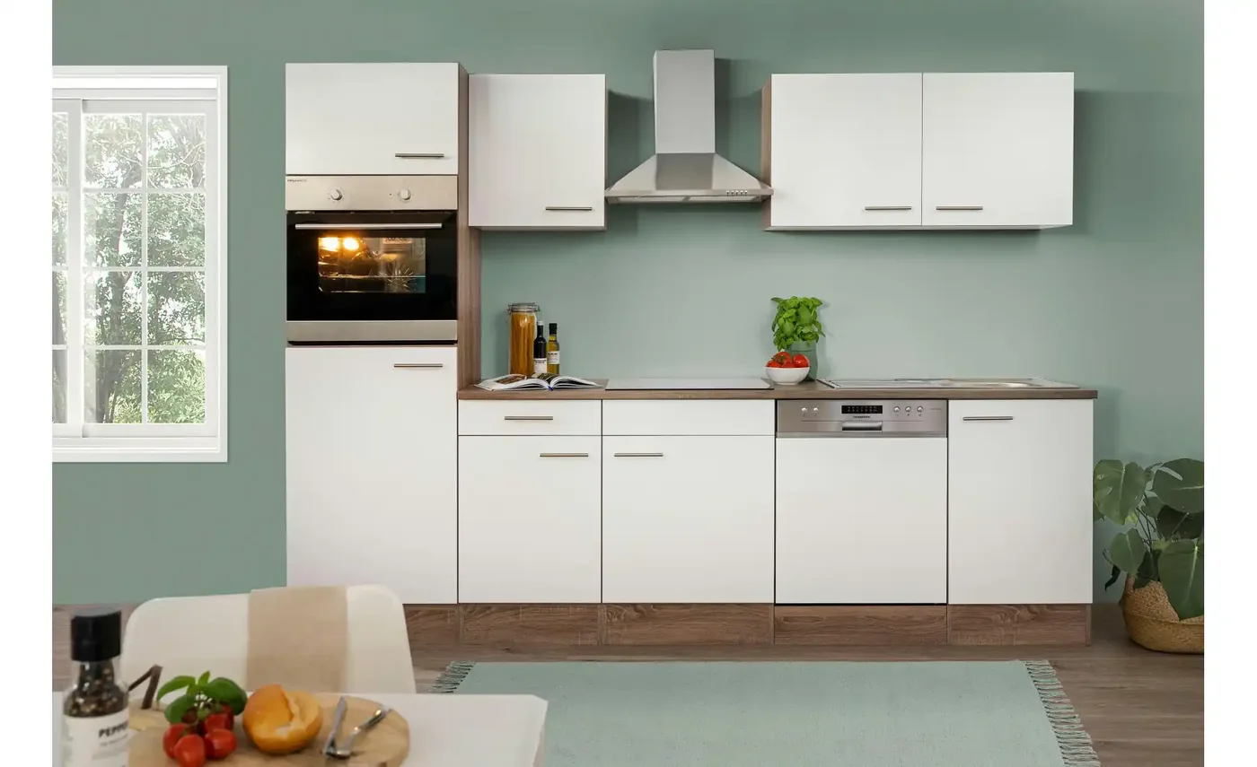 Weiße Küchenzeile 280 cm mit Holzdekor-Arbeitsplatte bei sconto