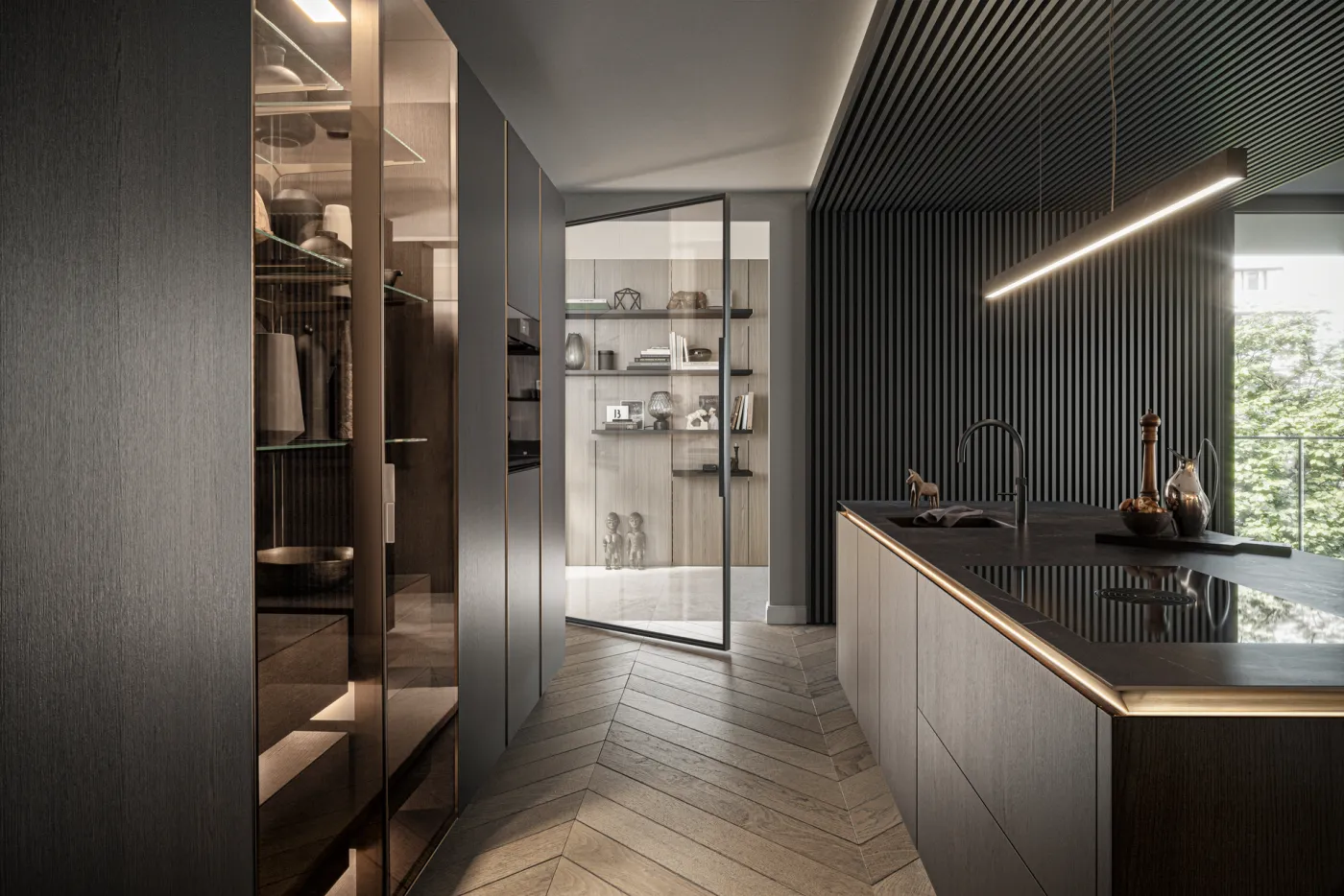 SieMatic PURE Küche in dunklem Holz mit Kochinsel